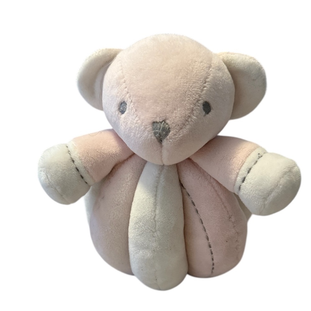 Plush Pink White Bear Animal Rattle Manhattan Kids Baby Toy Easy Grip  Round 8”